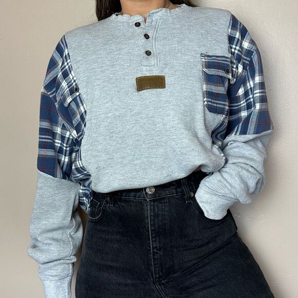 Wrangler Tops - Reworked Wrangler Upcycled Two Tone Long Sleeve Gray Henley Flannel Shirt Top